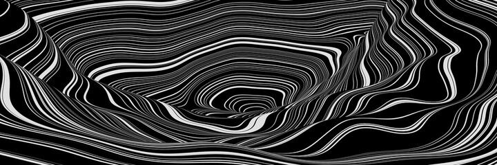 3D rendering. Black and white mountain contour lines. Topographic terrain.