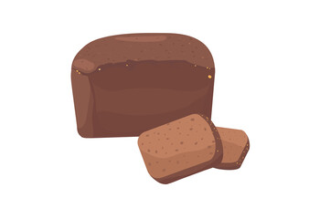 Black bread. slices of bread on a white background Loaf, rye, whole grain. Bakery products. Food, cartoon style. Vector illustration