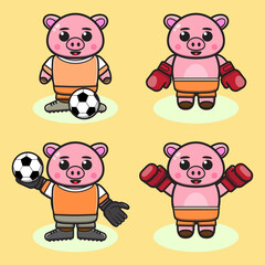 Vector illustration of cute Pig Football and Boxing. Cute Pig expression character design bundle. Good for icon, logo, label, sticker, clipart.