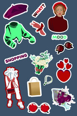 A set of bright stickers of 15 elements in the vector for decoration. Stickers girl in a beret, sunglasses, bouquets with flowers, inscriptions, sweater, jewelry, legs in trousers with a bow.