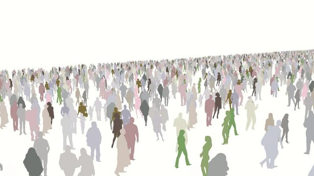 Animation of many people, crowd, silhouette, multicolored, fast wide shot above