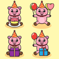 Vector illustration of cute Pig Party. Cute Pig expression character design bundle. Good for icon, logo, label, sticker, clipart.