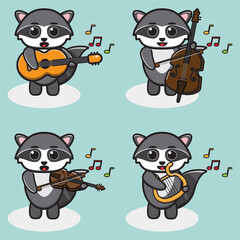 Vector illustration of cute Raccoon play music cartoon. Cute Raccoon expression character design bundle. Good for icon, logo, label, sticker, clipart.