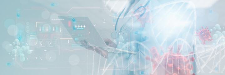 Futuristic medical doctor use laptop computer,research and analysis coronavirus or covid 19,concept science technology,medical biology laboratory,vaccine development Inhibition disease outbreak
