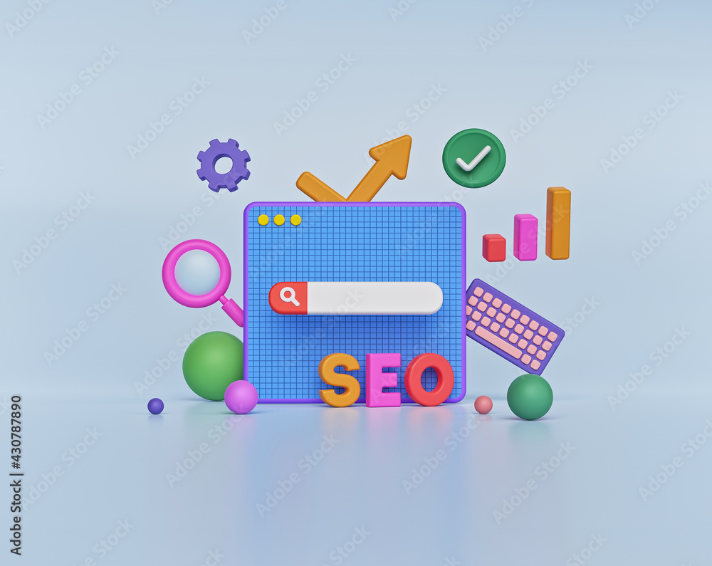 Poster modern search engine optimization concept. minimal 3d icons. 3d rendering