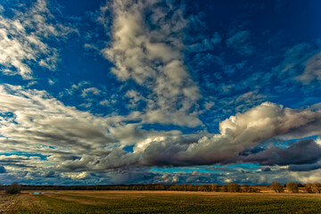 Naklejka na ściany i meble Spring landscape. Dramatic clouds are floating over the field before sunset 