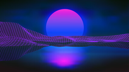 Retro background futuristic landscape 1980s style at sea. Digital retro landscape cyber surface. Retro music album cover template sun, space, mountains . 80s Retro Sci-Fi Background Summer Landscape. © RDVector