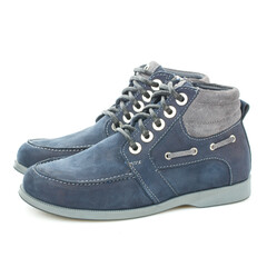 Men's blue leather boots for the spring-autumn season isolated on a blue background.