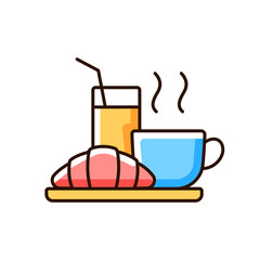 Breakfast RGB color icon. Light morning meals consisting of pastries and baked goods, fruits and coffee. Hotels charge extra money. Isolated vector illustration