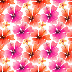 Hand drawn watercolour tropical pattern. Palm leaves, hibiscus flowers.