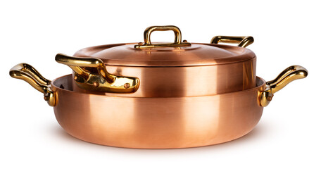 Copper cookware set isolated on white background