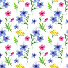 Wild flowers seamless pattern. Hand drawn watercolour elements isolated on white background.