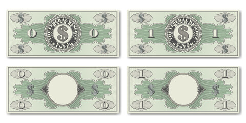 A set of fictional US paper money. Obverse and reverse of zero and 1 dollar banknotes. Guilloche grids and shadows