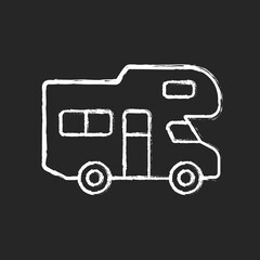 Recreational vehicle chalk white icon on black background. Roadtrip trailer. Van for touring. Nomadic lifestyle. Auto transportation. Summer vacation. Isolated vector chalkboard illustration