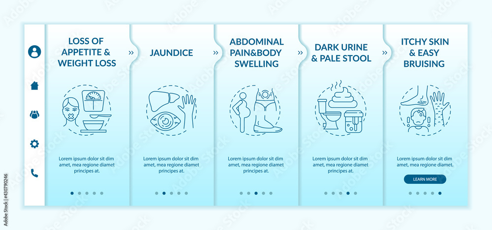 Poster hepatic insufficiency symptoms onboarding vector template. responsive mobile website with icons. web
