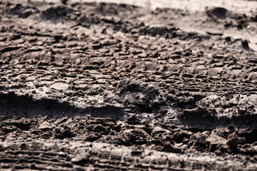 the muddy road is dry in the sun and plays an interesting pattern and imprints