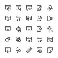 Simple Interface Icons Related to SEO. Search Engine Optimization, Brand Management, Traffic Management, Increasing Sales. Editable Stroke. 32x32 Pixel Perfect.