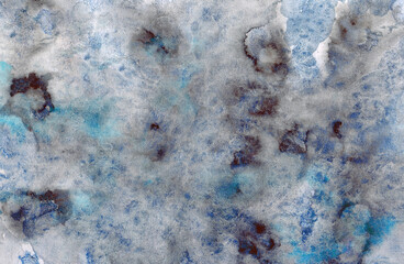 abstract watercolor gray and blue textural background with black paint spots, strokes
