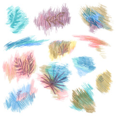 Collection of hand drawn colored pencil stains with texture and leaves. Blue, pink, turquoise and ochre color.