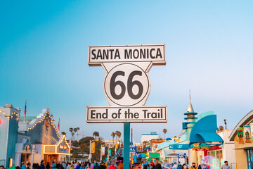 Route 66 Santa Monica End of Trail sign on. Los Angeles, USA - 15 Apr 2021