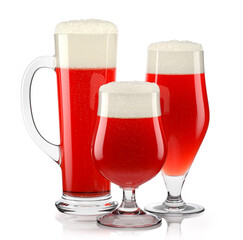 Set of fresh draft beer glasses with bubble froth isolated on white background.
