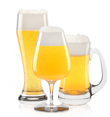 Set of fresh light beer glasses with bubble froth isolated on white background.