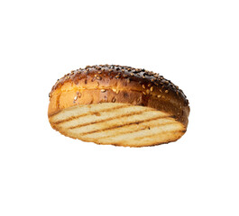 top half of baked round bun made of white wheat flour with sesame seeds for hamburger