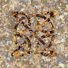 Celtic pixel symbol on a seamless pixel camouflage background. Desert colors. Editable.