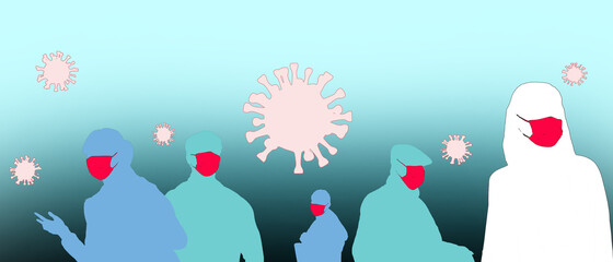 Coronavirus COVID-19 social distancing and Silhouette people in medical red face mask In society concept of prevention on Green background - 3d rendering