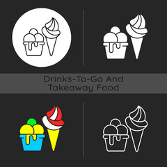 Ice cream to go dark theme icon. Frozen treats delivery. Gelato and sorbet. Dairy-free products. Frozen dessert. Linear white, simple glyph and RGB color styles. Isolated vector illustrations