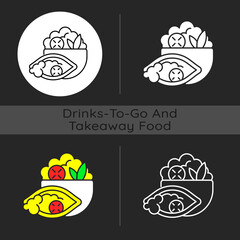 Burrito bowl dark theme icon. Meal with rice, beans, steak, veggies. Burrito without tortilla. Protein, healthy fats. Linear white, simple glyph and RGB color styles. Isolated vector illustrations