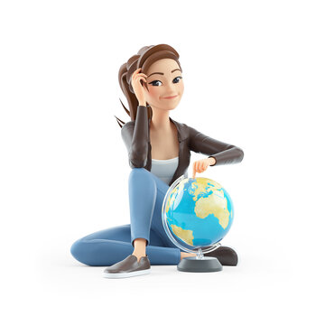 3d cartoon woman sitting on floor with terrestrial globe