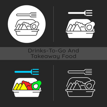 Family-style Meals Takeout Dark Theme Icon. Dinner For Parents And Kids. Family-sized Portions. Delivery From Restaurant. Linear White, Simple Glyph And RGB Color Styles. Isolated Vector Illustrations