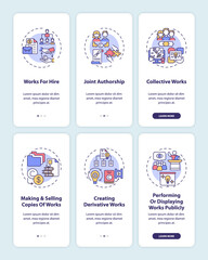 Copyright law protection onboarding mobile app page screen with concepts set. Exclusive rights walkthrough 3 steps graphic instructions. UI, UX, GUI vector template with linear color illustrations