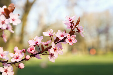 Beautiful branch with pink flowers over yellow and green sunny background, spring plant in blossom, nature background