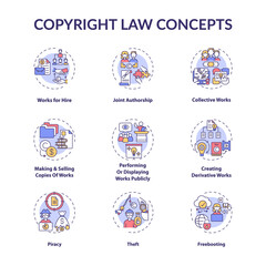 Copyright law concept icons set. Original works authorship protection idea thin line RGB color illustrations. Working for hire. Joint authorship. Vector isolated outline drawings. Editable stroke