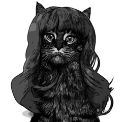 Cat in wig logo design vector string art grey