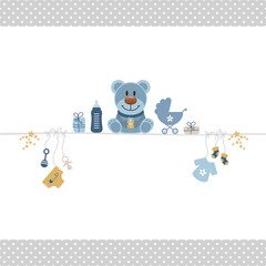 Teddy & Babysymbole Junge Retroblau Senfgelb Kanten Punkte Grau