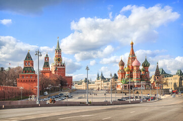 View of the Moscow Kremlin and St. Basil's Cathedral from the Bolshoi Kamenny Bridge in Moscow
