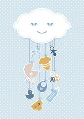 Babykarte Junge Wolke & Hängende Icons Punkte Retroblau Senfgelb