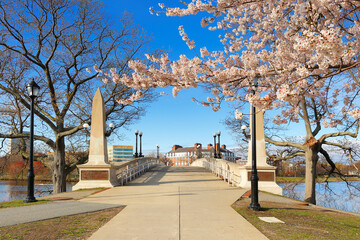 The John W Weeks Foot Bridge over Charles River on a spring morning, Boston Massachusetts