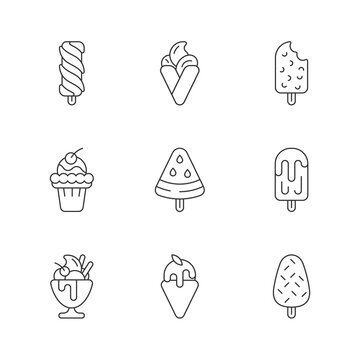 Ice cream variations linear icons set. Swirled treat on stick. Chocolate-covered dessert. Soft serve. Customizable thin line contour symbols. Isolated vector outline illustrations. Editable stroke