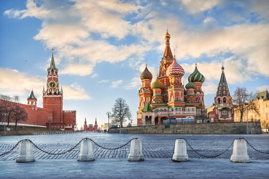 Spasskaya Tower of the Moscow Kremlin and St. Basil's Cathedral in Moscow
