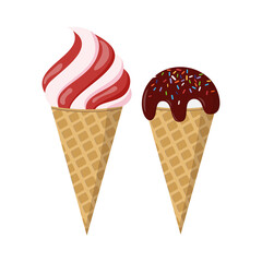 Set of two tasty ice cream in waffle scoop, one whipped with strawberry jam, the other covered with chocolate. Isolated on white. Vector. Flat design