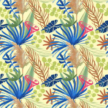 bright summer modern seamless pattern painted with herbarium of tropical dried flowers for textiles and surface design