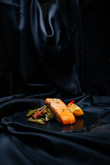 grilled salmon with vegetables on a black background