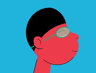 Flat art illustration of a swimmer wearing swimming goggles and cap and smiling