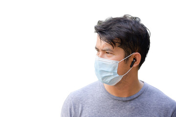 Close-up face focus Asian handsome young man Persons who sweat from morning exercises and wear a mask with SARS-cov-2 - white background.