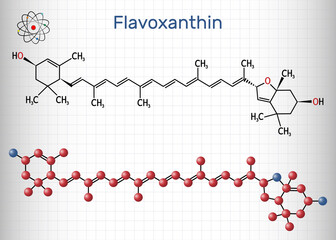 Flavoxanthin molecule. It is xanthophyll golden-yellow color pigment, food additive, E161a. Structural chemical formula and molecule model. Sheet of paper in a cage