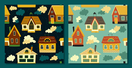 Village, summer house - vector  set seamless patterns. Loop pattern for fabric, textile, posters, gift wrapping paper, napkins, tablecloths. Print for kids, children